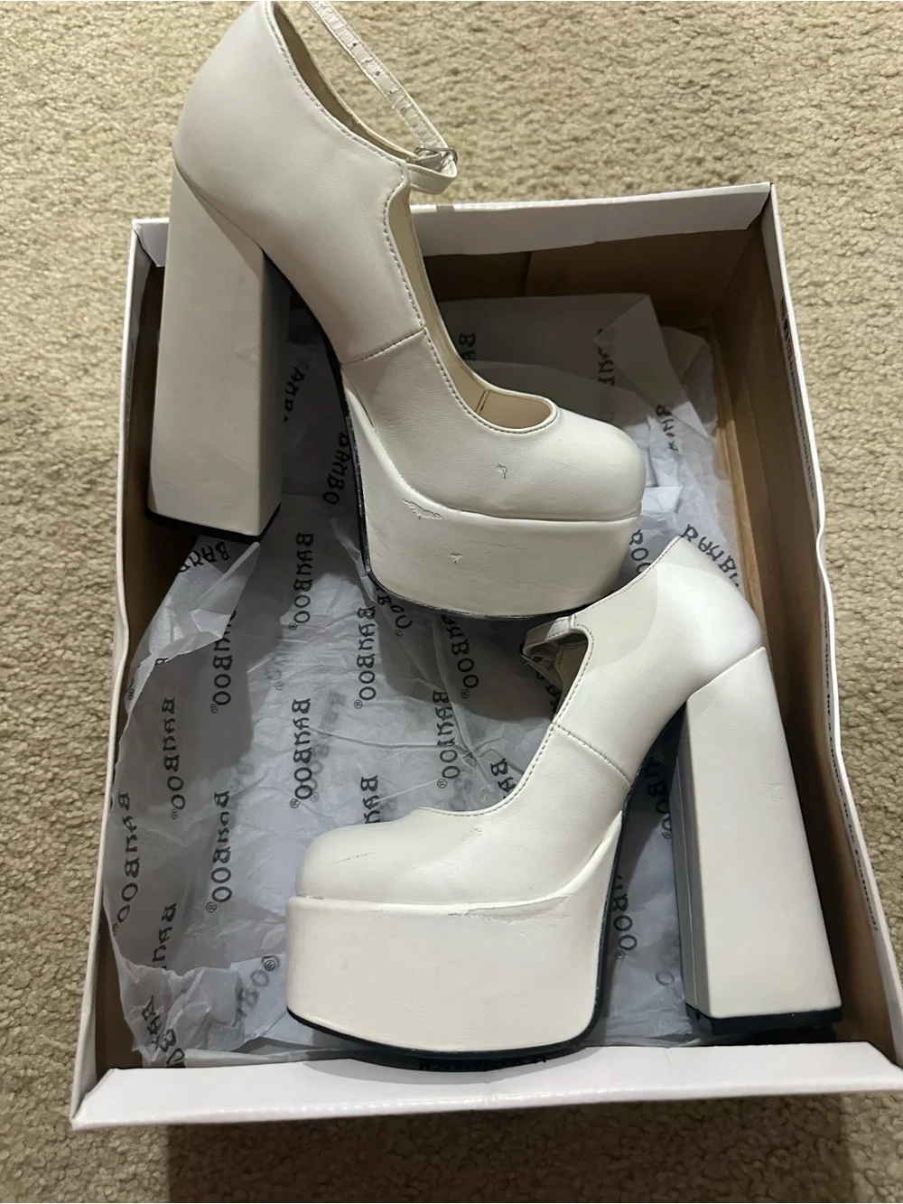 BAMBOO White Platform Mary Jane Chunky Block Heel